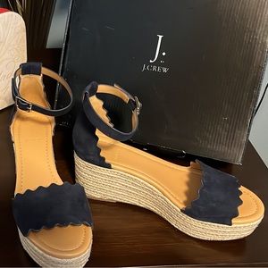 J Crew Navy Suede Scalloped Platform Wedge Sandals Women’s Size 7.5 Like New